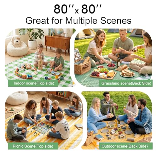 2 in 1 Tote Picnic Blanket Waterproof Outdoor Camping Mat,Large Capacity Beach Blanket 80''x80'' 7 Layers Easy to Foldable and Carry. - color: Greencheck
