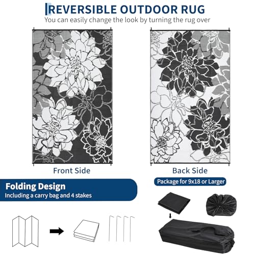 GarveeHome Large Outdoor Rug 9x18 Waterproof Reversible Mat Floral Tropical Camping Rugs Indoor Outdoor Rugs Carpet Plastic Straw Rug for Patio Deck Balcony Pool RV Camping, Black and White - color: Floral|black&white, size: 9' x 18' (Rectangular)