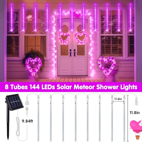 JMEXSUSS Pink Valentine Lights Outdoor, 8 Tube 144 LEDs Solar Meteor Shower Lights Outdoor, Solar Christmas Lights for Tree Eave Holiday Party Patio House Wedding Valentine's Day Decor - color: Pink, size: 1*144LED