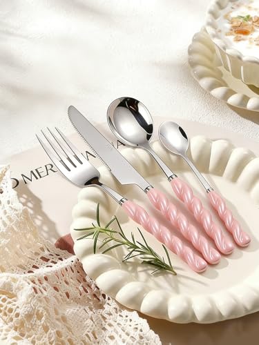 Stainless Steel Flatware Set, 4-Piece Heavy Duty Cutlery Set with Dinner Knife, Fork & Spoons, Tableware Gift for Daily Use Wedding Housewarming Baby Shower Birthday Gifts(Pink) - color: Pink