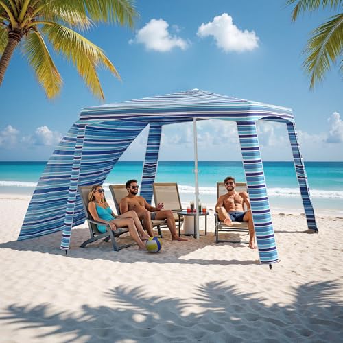 Beach Cabana-6.6x6.6’Beach Canopy with Side Wall,Portable Umbrella Tent with Sand Pockets for Family & Friends,Easy Up Beach Sun Shelter for Outdoor Patios,Backyards,and Camping,Stripe - style: Stripe