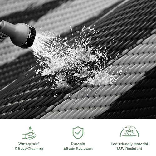 GENIMO Outdoor Rug Waterproof 6'x9' for Patio, Foldable Reversible Plastic Straw Carpet for Travel Trailers, Outside Area Mat for Rv, Deck, Picnic, Porch, Camper, Balcony, Beach, Black & Grey - color: Black & Grey | Natural, size: 6' x 9' (Rectangular)