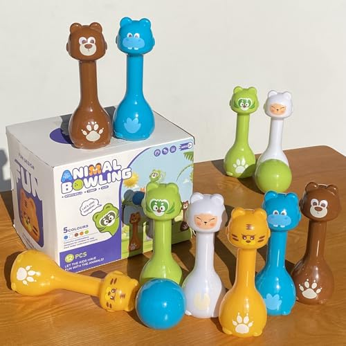Bowling Set for Kids 2-5, Indoor Bowling Game Toy for 3 4 Year, 10 Plastic Bowling Pins 2 Bowling Ball, Animal Toddler Bowling Set, Birthday Gifts for 2 3 4 5 Year Old Boys & Girls
