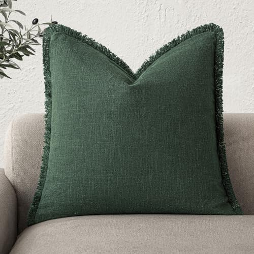 Foindtower Decorative Linen Fringe Throw Pillow Covers Cozy Boho Farmhouse Cushion Cover with Tassels Soft Accent Pillowcase for Chair Sofa Bed Living Room Home Decor, 16×16 Inch,1PC,Pine Green - color: Abundant Green, size: 16" x 16" (Pack of 1)
