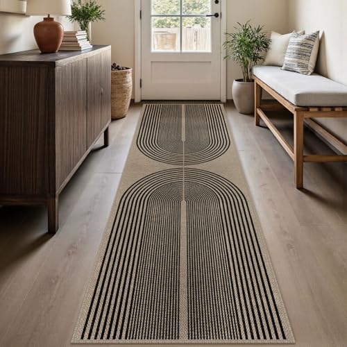 Rugalia Easy Jute Rainbow Outdoor Runner Rug, 2.6x8 Black Nature Washable Rugs Runner for Hallway Non-Slip Boho Farmhouse Kitchen Runner Rug, Modern Abstract Carpet for Porch Laundry Entryway - color: Nature/Black Rainbow, size: 2.6' x 8' (Runner)