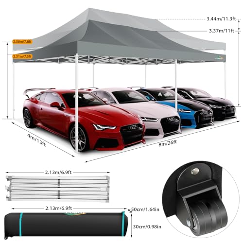 COBIZI 13x26 Pop up Canopy Tent 13x26 Canopy with 6 Sidewalls Waterproof Heavy Duty Commercial Canopy Tent for Parties Outdoor Garden Gazebo, Carry Bag with Wheel(13x26ft, Gray) - color: Gray, size: 13X26FT 6 Sidewalls