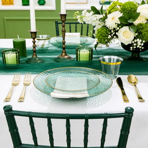 DaYammi 175 Pcs Green Plastic Plates Dinnerware Set (25 Guests), Hammered Plates Sets, Green Party Platos Set include 50 Disposable Platos, 75 Gold Plastic Silverware, 25 Cups 25 Napkins - color: Clear Green, size: 175 Pcs