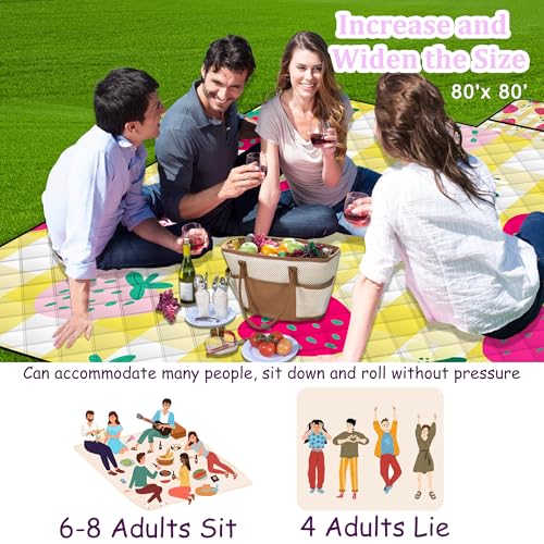 Extra Large Picnic Blanket Waterproof,80"x 80"Foldable Machine Washable Beach Blanket,Outdoor Blanket for 6-8 Adults,Picnic Mat Suitable for Indoor Crawling,Park Beach,Camping,Hiking,Travel（Yellow） - color: Yellow Strawberry, size: 6'8" x 6'8" (Square)