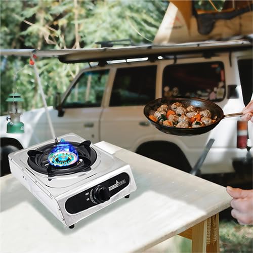 1Burner Propane Gas Cooktop,Camping Portable LPG Gas Stove, Auto Ignition Stainless Steel Countertop with regulator burner grate - color: Stainless Steel