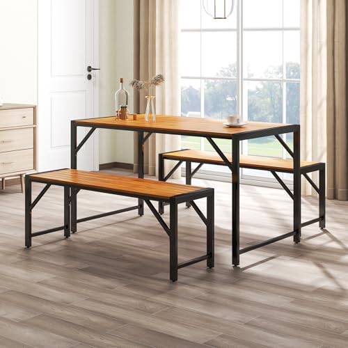 Tangkula 3 Pieces Patio Dining Set for 6 People, Outdoor Picnic Table & 2 Benches, 53” Acacia Wood Dining Table w/Metal Frame, Space-Saving Dinette Set for Garden Porch Poolside Yard Balcony