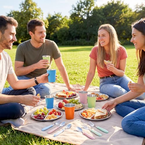 Jinei 20 Pcs Stainless Steel Bowls Set, 4 Stainless Steel Plates, 4 Metal Bowls, 4 Metal Cups, 4 Spoons, 4 Forks, Rainbow Colorful Utensils Dishwasher Safe, Durable Dining Set for Home Travel Camping