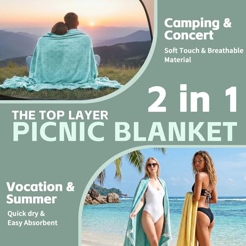 2 in 1 Extra Large Boho Beach Blanket Towel Giant Woven Outdoor Picnic Mat Camping Gear Cruise Essential 2025 Summer Vacation Must Have Airplane Travel Accessories Costa Rica Bahamas Hawaii Trip Stuff - color: Teal