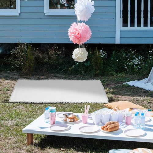 Beaupretty White Picnic Blanket Rug with Fringe 90x180cm – Waterproof Outdoor Camping Mat for Beach, Park, and Picnic – Thick Portable Sandproof Boho Style Rug for Photoshoots