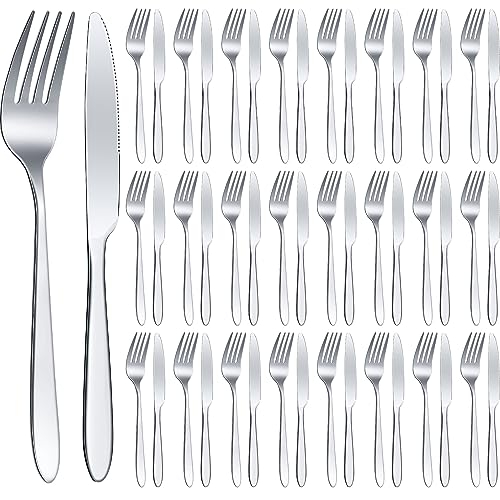 Nuenen 50 Pieces Stainless Steel Forks Silverware Set Dinner Forks and Knives Flatware Tableware Cutlery Set for Kitchen Restaurant(7.1 x 1 Inch, 8.4 x 0.7 Inch,Silver) - color: Silver, size: 7.1 X 1 Inch, 8.4 X 0.7 Inch