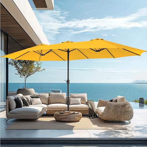 PHI VILLA 15ft Large Patio Umbrellas with Base Included, Outdoor Double-Sided Rectangle Market Umbrella with Stand, Outside Umbrellas for Poolside Lawn Garden, Golden Yellow - color: Golden Yellow