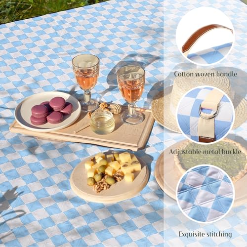 Nuanchu Checkered Picnic Blanket Extra Large Outdoor Blanket Sandproof 80"x80" Waterproof Portable Machine Washable 3 Layer Thick Gingham Picnic Mat for Beach Camping Park Grass Travel(Light Blue) - color: Light Blue