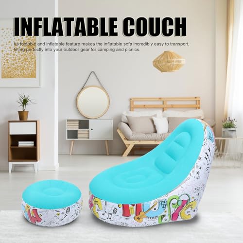 Zunate Inflatable Lounger Chair with Foot Stool, Portable Air Sofa Bed for Camping, Outdoor, Beach & Patio - Flocking Fabric, Foldable & Includes Repair Patch (Blue) - color: Blue