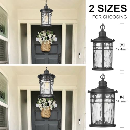 Darkaway Outdoor Pendant Lights for Porch, Outdoor Chandelier Hanging Porch Lights Outside Ceiling Mount Aluminum with Water Ripple Glass for House Gazebo Patio - color: Black-Water Ripple Glass, size: Medium Size