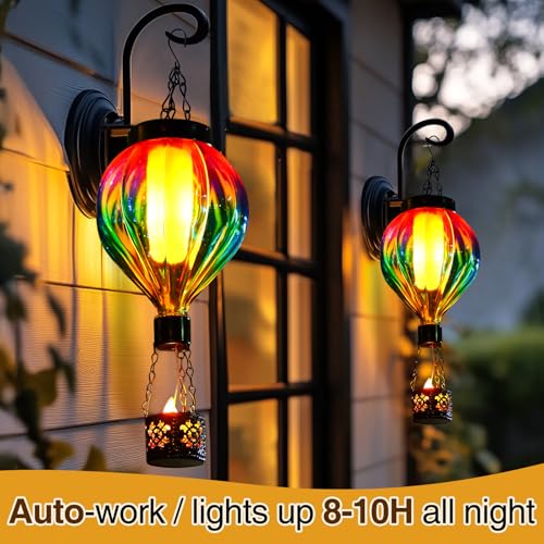 Hot Air Balloon Hanging Solar Lantern Outdoor Waterproof with Flickering Flame Gifts for Women Grandma Mom Glass Hanging Solar Lights Decorative for Outside Wall Front Porch Yard Garden Fence - color: Pink & Blue