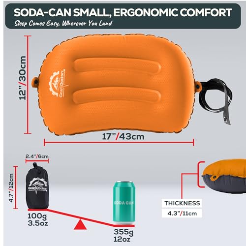 Gear Doctors 3.5oz Compact Ultralight Inflatable Camping Pillow—Inflatable Camp Pillow—Backpacking Pillows Ultralight—Camping Pillows for Sleeping, Hiking, Travel, Beach, Office, Neck, Lumper [Orange] - color: Orange Camping Pillow