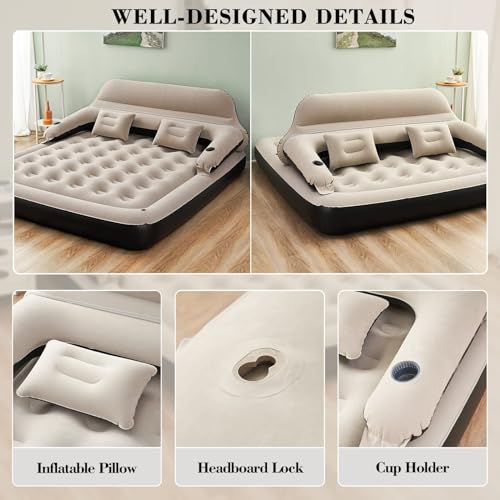 King Size Air Mattress Sofa Bed with Headboard and Pillow, Inflatable Bed for Outdoor Overnight - size: King