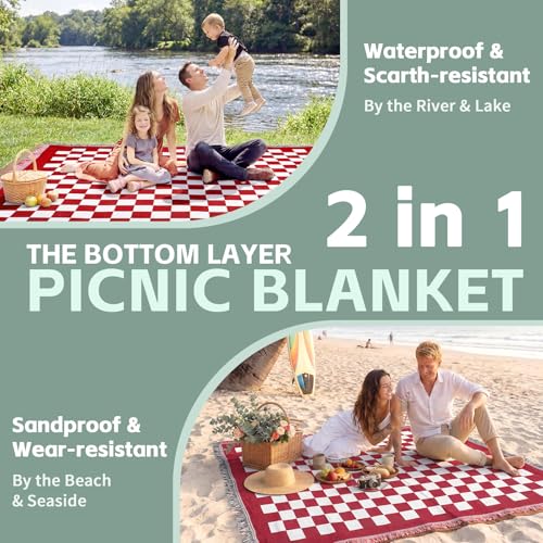 2 in 1 Extra Large Outdoor Picnic Blanket Camping Mat Lightweight Oversized Giant Turkish Boho Beach Mexican Serape Baja Cobijas Mexicanas para Mesa Park Stadium Outside Festival Grass Hammock - color: Checkered Red