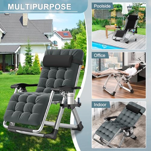 ABORON Zero Gravity Chair,Premium Outdoor Lawn Folding Lounge Chairs,Sturdy Adjustable Reclining Patio Chairs with Removable Cushion,Headrest & Tray - color: A Midnight Gray