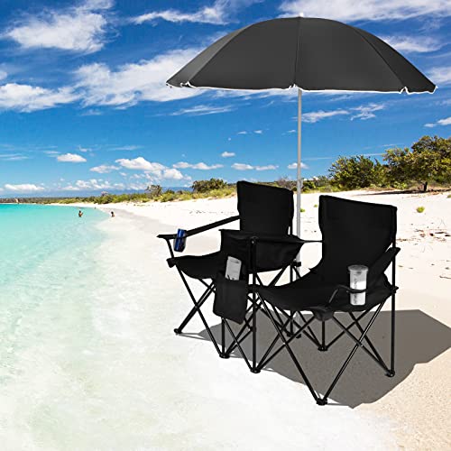 Goplus Double Camping Chair with Umbrella, Folding Loveseat Chairs w/Canopy Shade, Carrying Bag, Table, Cup Holder, Portable Beach Chairs Outdoor Picnic Patio (Black) - color: Black