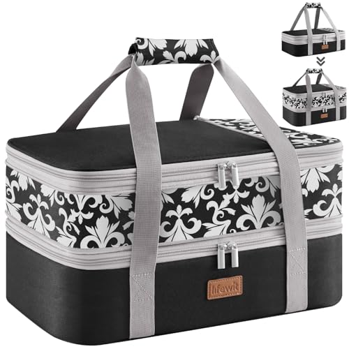 Lifewit Insulated Double Decker Casserole Carrier, Expandable Lasagna Lugger Tote Bag for Hot or Cold Food, Fits 9" x 13" Baking Dish for Potluck Parties, Picnic and Cookouts, Black-Flowers - color: Black-Flowers