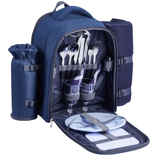 VEVOR Picnic Backpack, Beach Picnic Backpack Bag for 2 Person with Insulated Cooler Compartment, Detachable Bottle/Wine Holder, Lightweight Blanket, Plates & Cutlery Set for Hiking, Camping, Navy Blue - size: single layer for 2 & blue