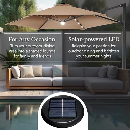 Best Choice Products 10ft Solar LED Offset Cantilever Hanging Market Patio Umbrella, Smooth 360° Rotation, 8 Sturdy Ribs, Easy Adjustment - Tan - color: Tan, size: Offset w/ 360° Rotation