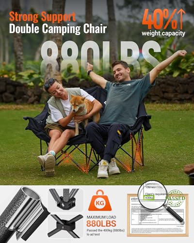 KingCamp Double Camping Chair, Oversized 880lbs Heavy Duty Loveseat for Adults Portable Folding XL 2 Person Couch Padded Comfortable Two Seat with Cup Holder for Outdoor Lawn Backyard, Black - color: XL 2 Person Black, size: Loveseat XL
