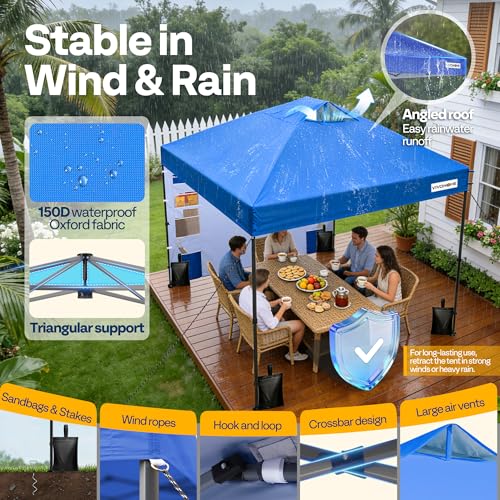 VIVOHOME 10x10ft Pop Up Canopy Tent with Sidewall and 6 Pockets, One Push Setup Outdoor Portable Shelter Tent Heavy Duty with Wheel Carry Bag and 4 Sandbags, Blue - color: Blue