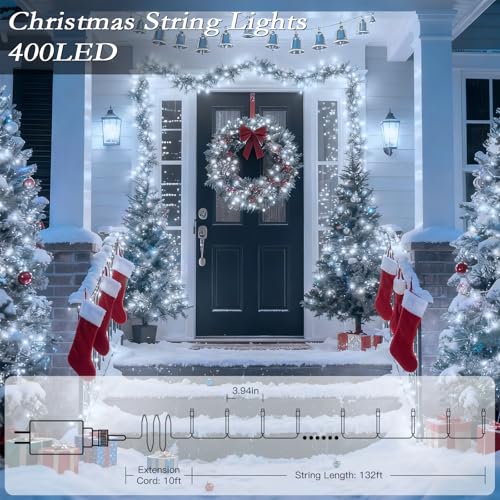 132FT 400 LED Christmas Tree Lights, Bright Cool White Outdoor Christmas String Lights for House, Fairy Lights with 8 Modes, Waterproof & Durable Indoor Outdoor Decor, Timer Included - color: Cool Whtie, size: 400LED