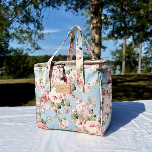 Kwang Min Floral Insulated Lunch Bag for Women,Reusable Lunch Box,Large Cooler for Office,Picnic Outdoors,Premium Waterproof Fabric,Unique Floral Lunch bag (Peony Blue) - color: Peony Blue
