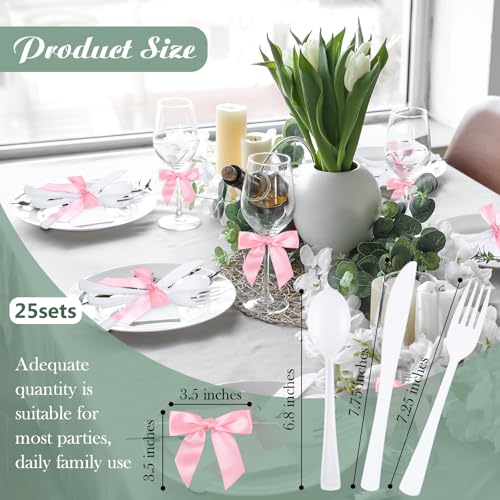 Minatee 25 Sets White Plastic Cutlery Set with Twist Tie Bows, Heavy Duty Tableware Disposable Forks Knives Spoons Silverware Utensils Set for Coquette Birthday Bow Party Table Setting Picnics - color: White,Pink