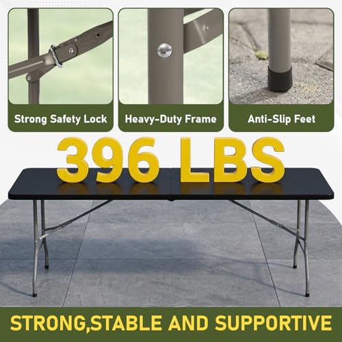 BestOffice 8 FT Picnic Table Plastic Camping Table Portable Square Height Folding Table Perfect for Picnics, Parties, Party and Camping, Black - color: Black, size: 8 FT