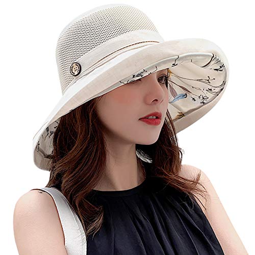 Women Mesh Sun Hats Summer Beach UV Protection UPF Packable Wide Brim Chin Strap - color: Yellowish-beige