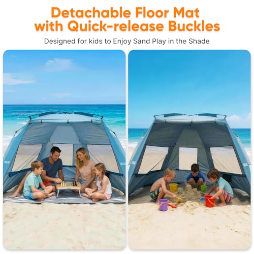 Golabs BT1 Pop up Beach Tent Sun Shelter for 3-Person, 1-Minute Setup by Pre-Attached Pole & UPF 50+, Beach Shade with Detachable Floor Mat, Mesh for Clear View & Airflow, only 7 lbs & Pocket and Hook - color: BLUE