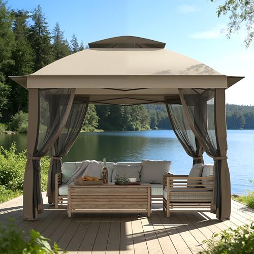 11'X11' Gazebo Pop Up with 4 Sidewalls Mosquito Netting, Heavy Duty Patio Gazebo Canopy Tent with Double Air Roofs for Backyards, Patios, Decks, Gardens, Parks - color: Beige Top