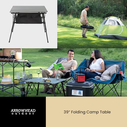 ARROWHEAD OUTDOOR 2-Pack 39" Aluminum Folding Camp Roll Up Table w/Adjustable Height, Undertable Mesh Storage, Carry Bag - color: Gray 2pack