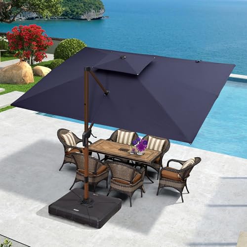 PURPLE LEAF 9' X 12' Double Top Deluxe Wood Pattern Rectangle Patio Umbrella Offset Hanging Umbrella Outdoor Market Umbrella Garden Umbrella, Navy Blue - color: Navy Blue, size: 9'X12', style: Umbrella