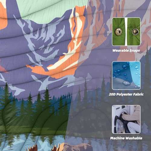Outdoor Camping Blanket with Sherpa Lining, Extra Warm Thick Camp Blankets and Puffy Ultralight Soft Poncho DWR Camping Quilt for Cold Weather, Adventure, Sleeping, Backpacking 78"x 56" - color: Purple Deer Language, size: 78 x 56 inches