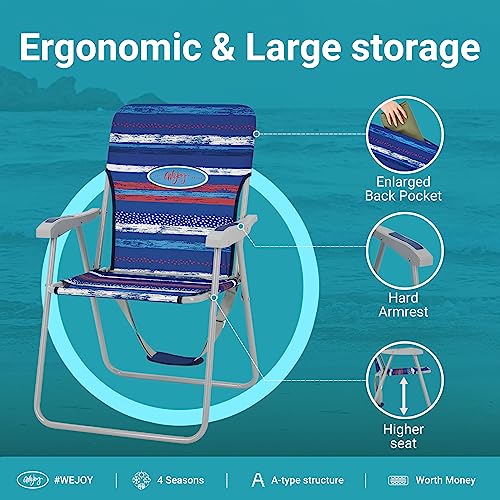 #WEJOY Folding Beach Chair for Adults, Lightweight Beach Chair with Shoulder Straps, High Back Camping Chairs with Hard Armrest, Supports 300lbs for Outdoor Lawn Concert - color: #C 1 Pack Red Blue, style: Classic
