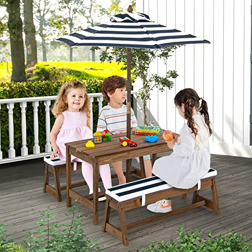 KOTEK Kids Picnic Table with Umbrella Foldable, Backyard Wooden Table & Bench Set w/Removable Cushions, Activity Art Play Table, Indoor Outdoor Toddler Picnic Table for Patio, Lawn & Garden (Blue) - color: Blue