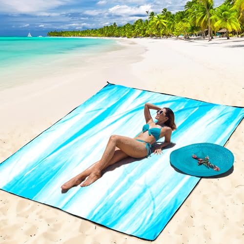 WIWIGO Beach Blanket Waterproof Sandproof Beach Mat 79" X 83"/10'x9'for 2-8 Adults Quick Drying Outdoor Picnic Mat Beach Accessories for Travel, Camping, Hiking - color: Blue and White Splattered With Color, size: 79" X 83"（1-4person）