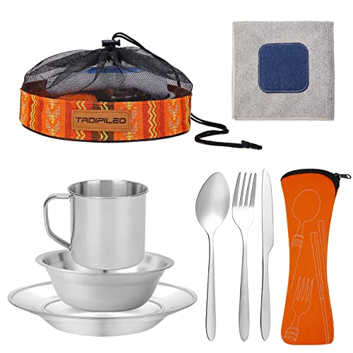 Stainless Steel Camping Cutlery Set - 8 Piece, Includes Spoons, Mugs, Bowls, Plates, Rags & Organizer Straps - Easy to Carry for Backpacking, Camping, Hiking and Picnics - color: Bohemia