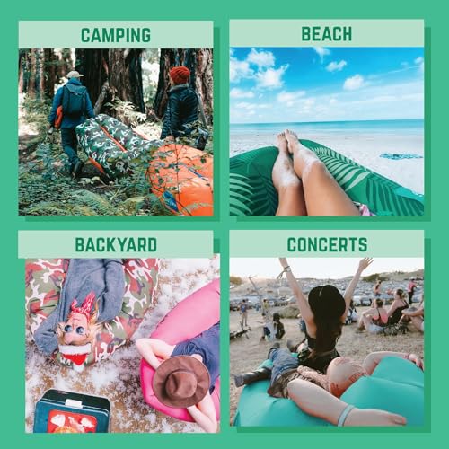 Chillbo Inflatable Couch – Unique Designs - No-Pump Setup, Ripstop Polyester, Stability Pegs, Fun Prints - Portable Air Inflatable Lounger for Beach, Camping, Festivals, and Tailgating - color: Green Wave, size: Large