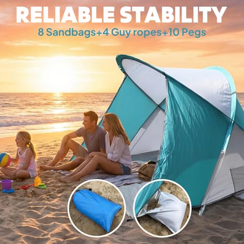 Chihee Pop-Up Beach Tent for 1-2 Person UV Protection Silver Coated Fabric Portable Sun Shelter,Crossed Fiberglass Poles Windproof Sandbags Ropes Pegs, Lightweight Instant Setup Beach Outdoor Shade
