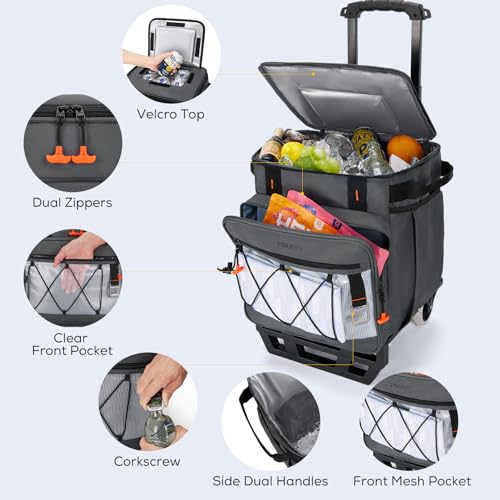 TOURIT Collapsible Cooler with Wheels, Insulated Rolling Cooler with All-Terrain Cart, Waterproof Soft Sided Cooler Bag for Beach, Picnic, Camping, Shopping, Travel - color: Dark Gray, size: 75Can 44L